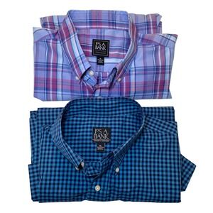 Jos A Bank Traveler XL Button Up Shirt Lot of 2 Blue Check Plaid Cotton